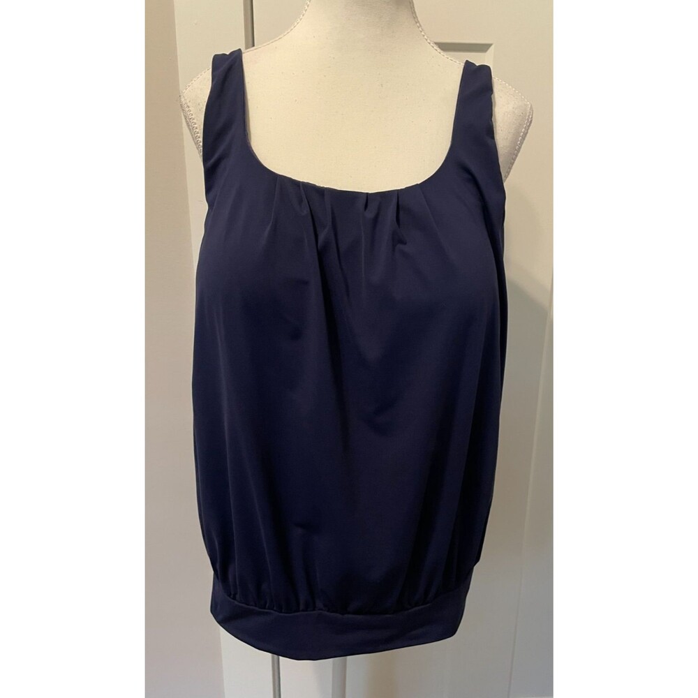 LANDS END Womens SWIM TOP Bathing Suit BLUE Banded Waist Built-In Bra Size 14